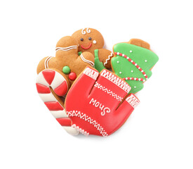 Pile of Christmas cookies on white background, top view