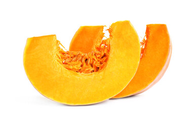 Fototapeta na wymiar Pieces of ripe orange pumpkin on white background