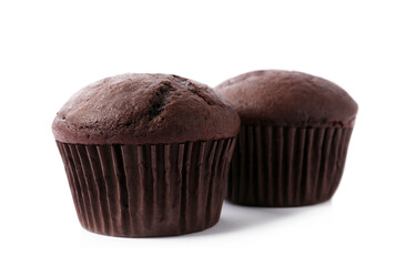 Delicious fresh chocolate cupcakes isolated on white