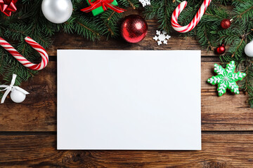 Flat lay composition with Christmas decor and blank card on wooden background. Space for text