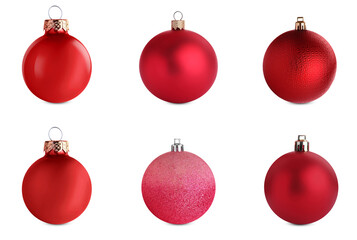 Set of red Christmas balls on white background
