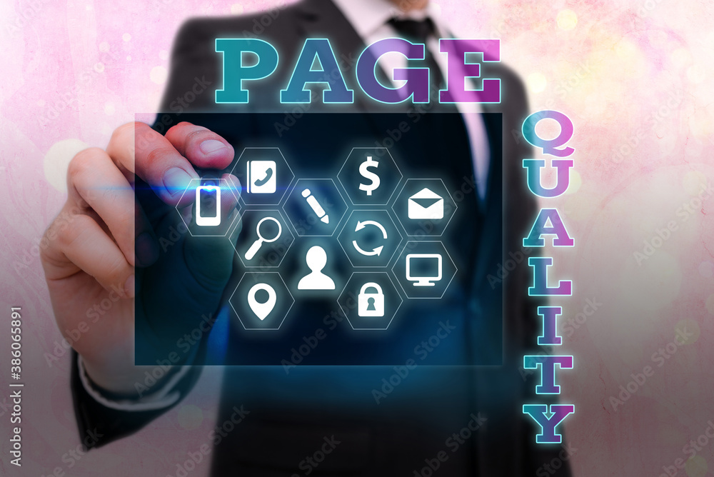 Poster Writing note showing Page Quality. Business concept for Effectiveness of a website in terms of appearance and function Information digital technology network infographic elements