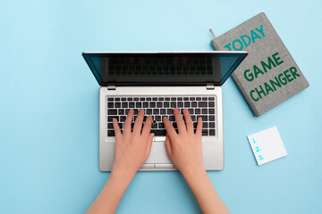 Word writing text Game Changer. Business photo showcasing Sports Data Scorekeeper Gamestreams Live Scores Team Admins Personal workplace overview with laptop device used for individual interest