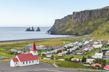 Fototapeta na wymiar View over village and church of Vik in Iceland