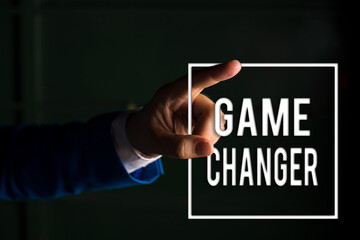 Text sign showing Game Changer. Business photo text Sports Data Scorekeeper Gamestreams Live Scores Team Admins digital arrowhead curve rising upward denoting growth development concept