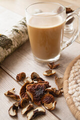Mushroom coffee superfood trend. Caffeine latte, cappuccino drink.