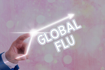Word writing text Global Flu. Business photo showcasing Common communicable illness spreading over...