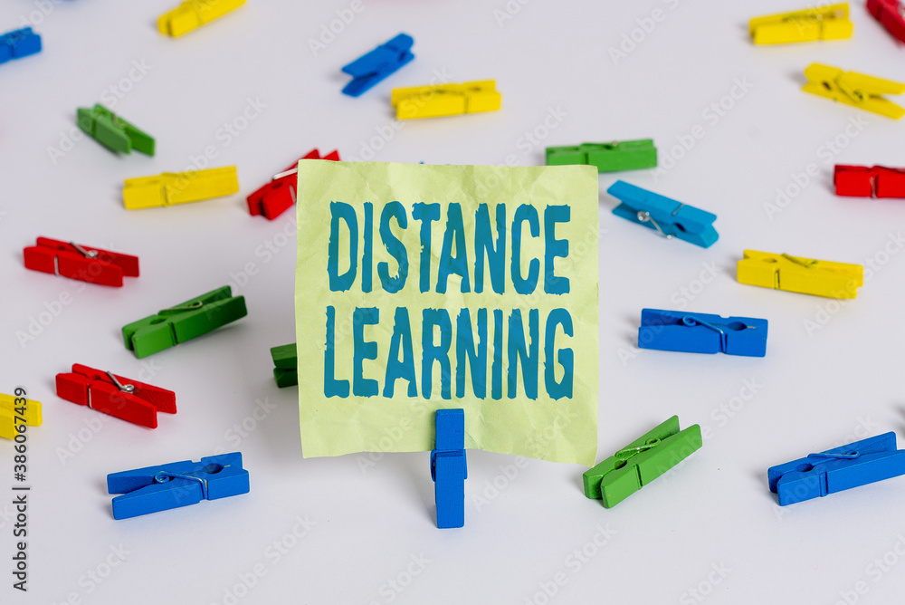 Poster writing note showing distance learning. business concept for educational lectures broadcasted over t