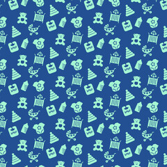 Seamless pattern of baby utensils on green background for wrapping paper, business cards, website etc.