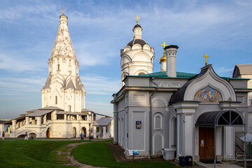 31.08.2020, Moscow, Russia. Historical sights of Moscow. Church of St. George the Victorious and Church of the Ascension of the Lord in Kolomenskoye