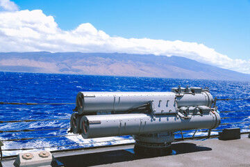 Warship sailing at sea