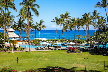 Plam trees at Beach resort, Waikoloa, Big Island, Hawaii. The Fairmont Orchid is a luxury hotel on the Kohala Coast of the island of Hawaii. 
