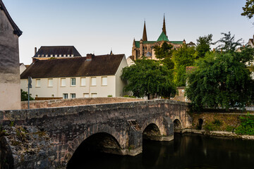 Tourist walking around the French town in an early morning