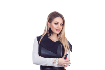 Fototapeta premium Eyebrows micro-pigmentation specialist in formal wear posing