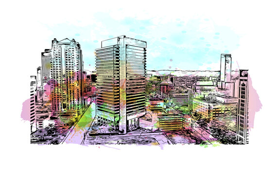 Building View With Landmark Of Birmingham Is A City In The North Central Region Of The U.S. State Of Alabama. Watercolor Splash With Hand Drawn Sketch Illustration In Vector.