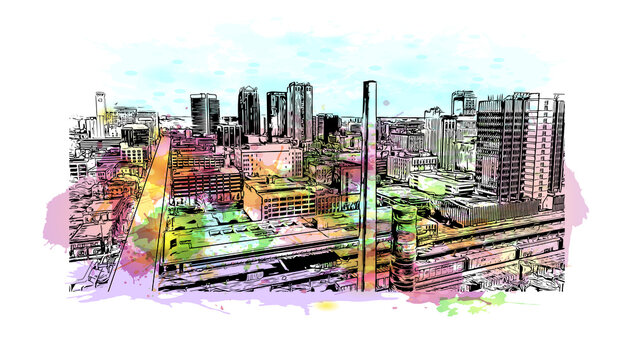 Building View With Landmark Of Birmingham Is A City In The North Central Region Of The U.S. State Of Alabama. Watercolor Splash With Hand Drawn Sketch Illustration In Vector.