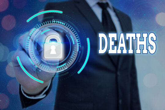 Writing note showing Deaths. Business concept for permanent cessation of all vital signs, instance of dying individual Graphics padlock for web data information security application system
