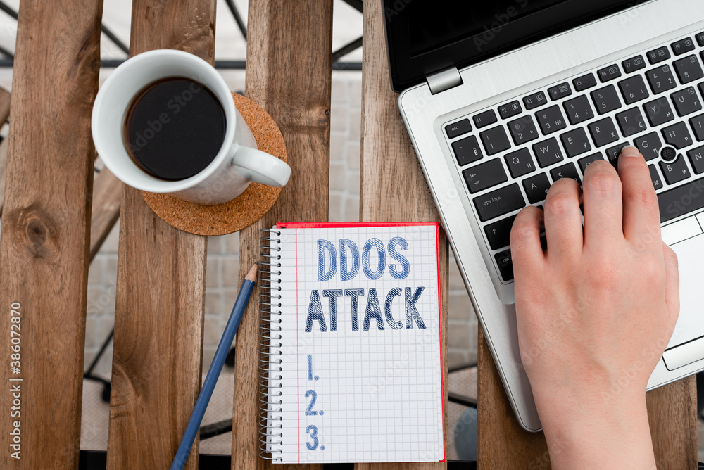 Aufkleber conceptual hand writing showing ddos attack. concept meaning perpetrator seeks to make network resou