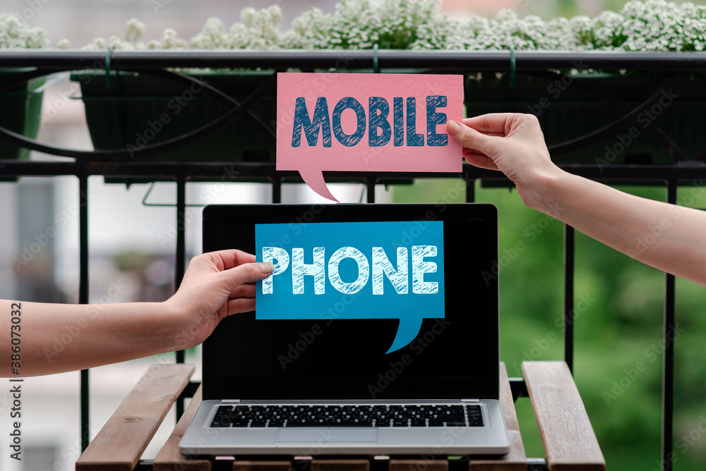Poster writing note showing mobile phone. business concept for a handheld device used to send receive calls
