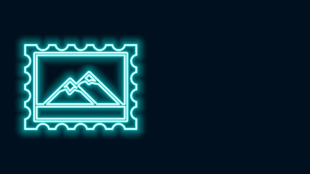 Glowing neon line Postal stamp and Mountains icon isolated on black background. 4K Video motion graphic animation