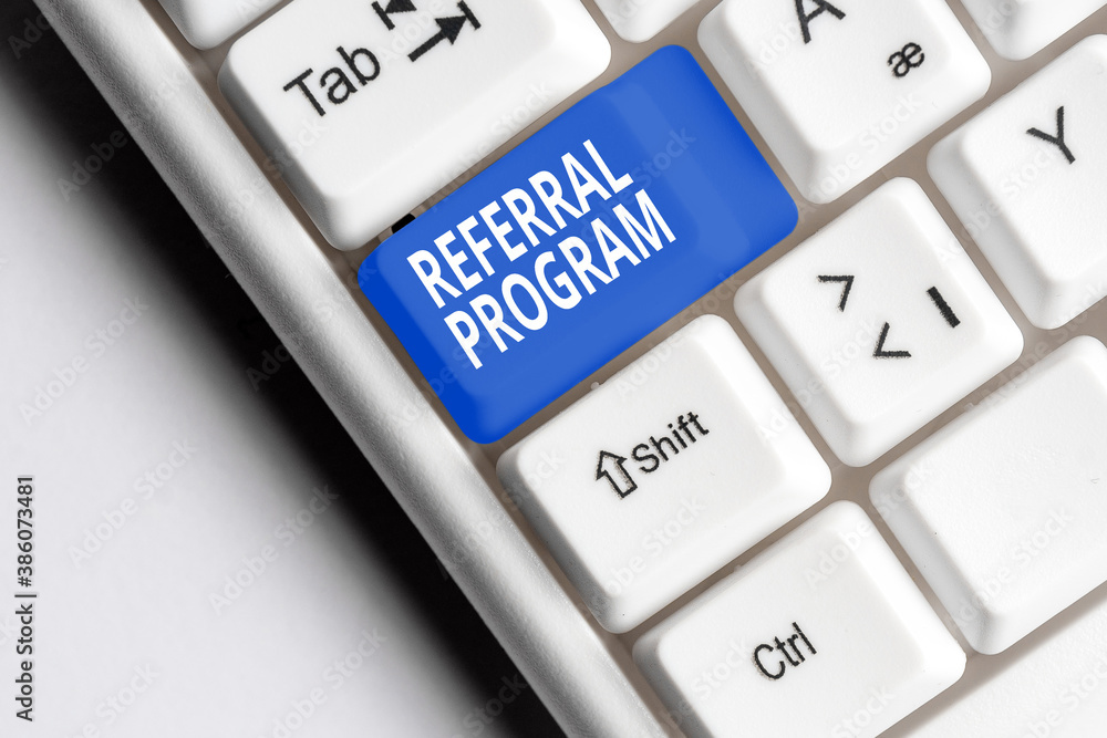 Poster word writing text referral program. business photo showcasing employees are rewarded for introducing