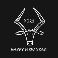 Funny sketch bull. Lunar horoscope sign. Happy new year 2021. Bull, ox, cow. Template for your design - poster, card, invitation