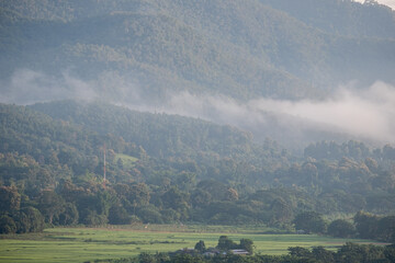 Fields, forests, mountains and mist in winter in northern Thailand.