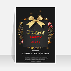 Christmas party invitation poster, flyer template design with stylized christmas bow and gold icon winter element. Vector illustration Eps 10.