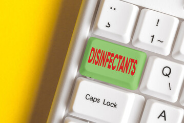 Writing note showing Disinfectants. Business concept for chemical that destroy vegetative form of...