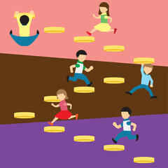 men and women running and hanging on golden coin ladder cartoon vector