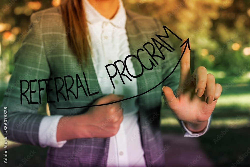 Poster writing note showing referral program. business concept for employees are rewarded for introducing s