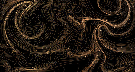 Gold linear texture on a black background. Modern festive golden backdrop. Vector dynamic design with abstract waves for postcards, posters, brochures and flyers