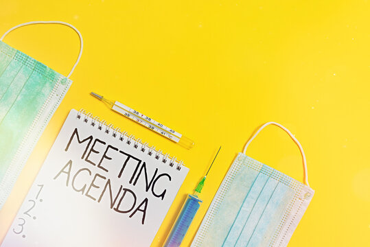 Handwriting text Meeting Agenda. Conceptual photo items that participants hope to accomplish at a meeting Set of medical equipment with notepad for health condition assessment - Powered by Adobe