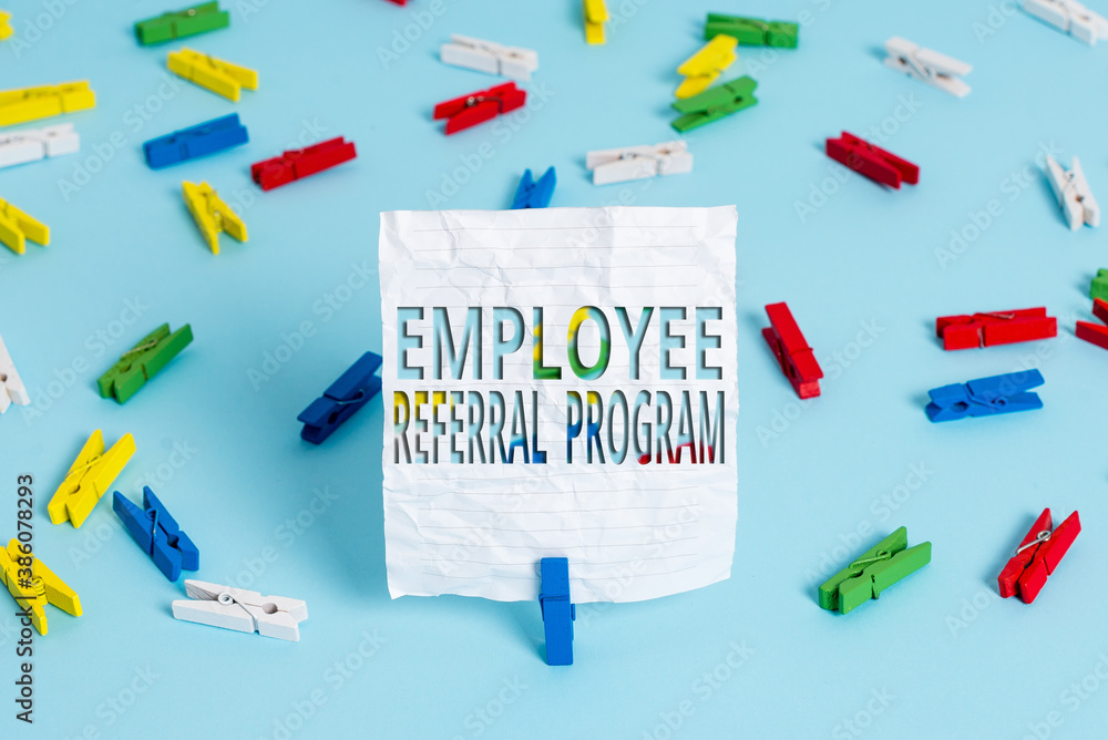 Aufkleber writing note showing employee referral program. business concept for employees are rewarded for intr