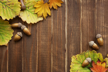 Frame made of autumn yellow foliage and acorns on a wooden background with copy space.