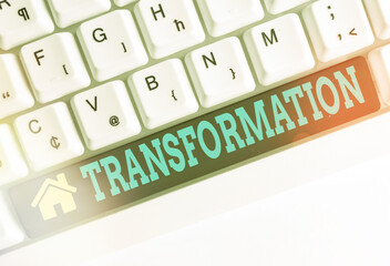 Text sign showing Transformation. Business photo showcasing process, or instance of transforming or being transformed Different colored keyboard key with accessories arranged on empty copy space