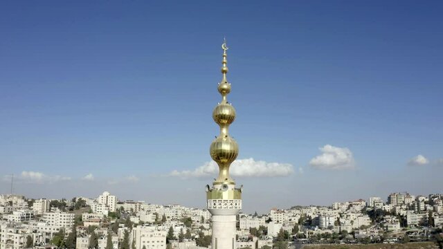 Golden Mosque Tower Minaret in Beit Hanina, Jerusalem, Aerial 
Palestinian Muslim Mosque Masjed aldaoa, Drone 
