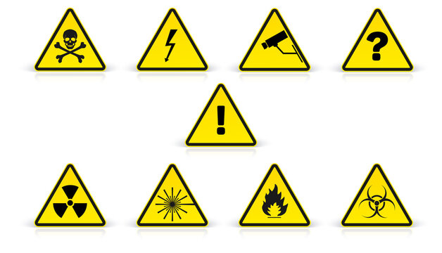 Set of warning sign in yellow triangles isolated on white backgroound with reflection. Vector 3d illustration
