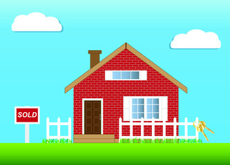 Vector of red brick house with a set of golden keys. Sold sign. Gable roof. White fence. Real estate.