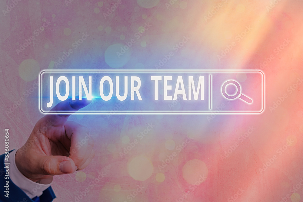 Poster writing note showing join our team. business concept for inviting someone to join in your local grou