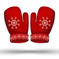 3d realistic vector knitted winter red gloves. Isolated on white background.