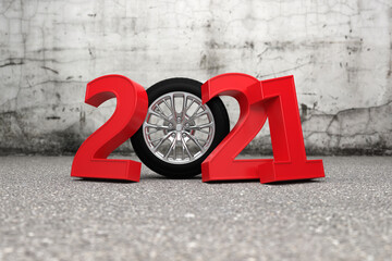 New Year 2021 Creative Design Concept  with Wheel  - 3D Rendered Image