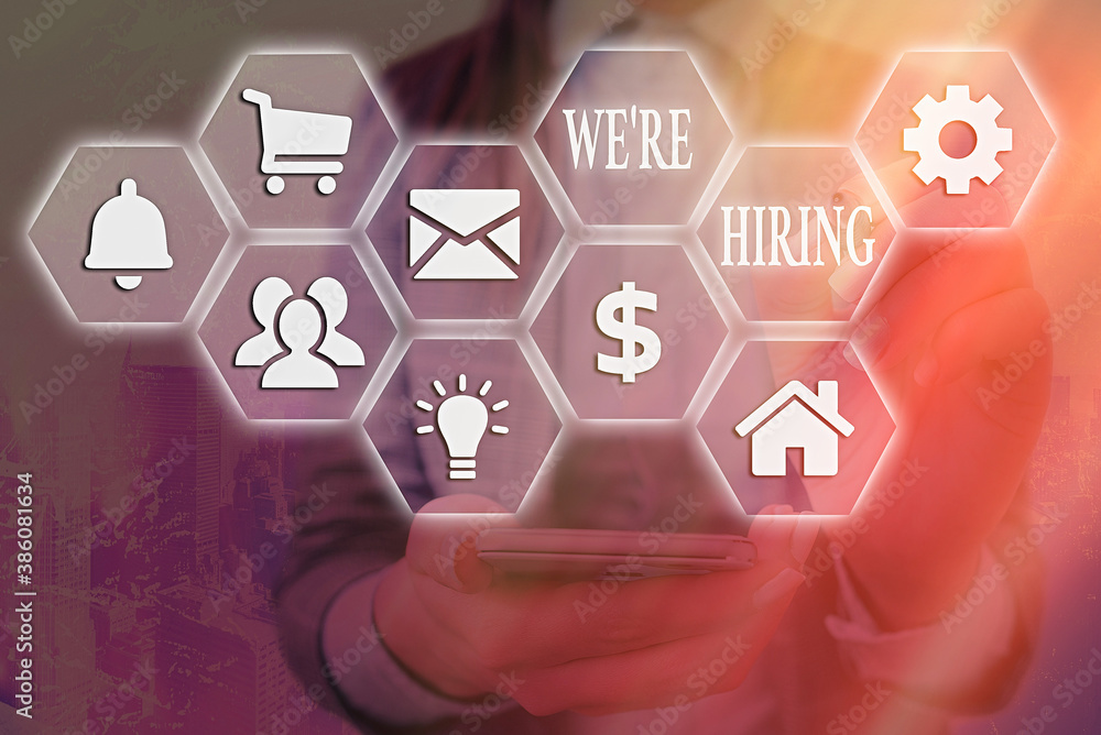 Poster word writing text we re hiring. business photo showcasing process of reviewing applications and find