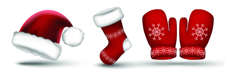 Vector winter red hat, gloves and sock.