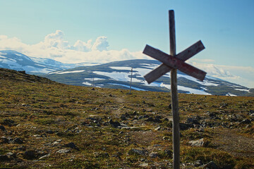 Fototapeta na wymiar A marked trail on the barren plains near mount Nuolja, Lapland