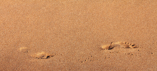 Two footprints of bare human feet walking from left to right over wet smooth yellow sand