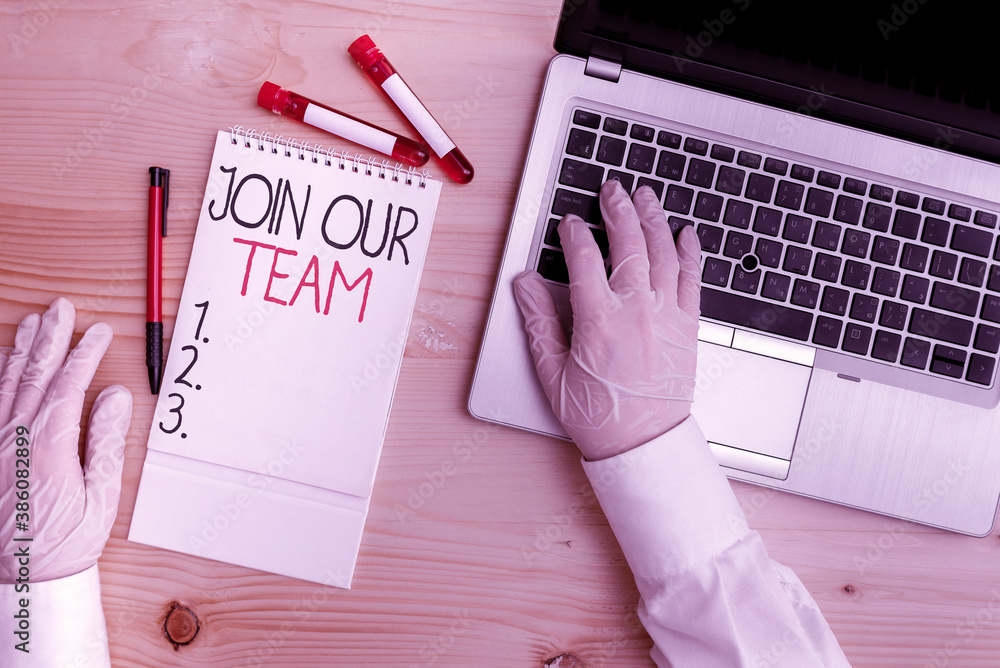 Aufkleber text sign showing join our team. business photo text inviting someone to join in your local group or