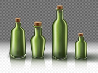 3d realistic vector glass bottles set in green color.