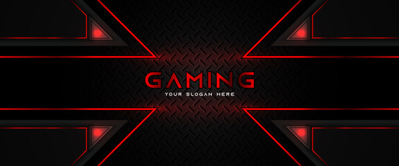 Futuristic red and black abstract gaming banner design template with metal technology concept. Vector illustration for business corporate promotion, game header social media, live streaming background