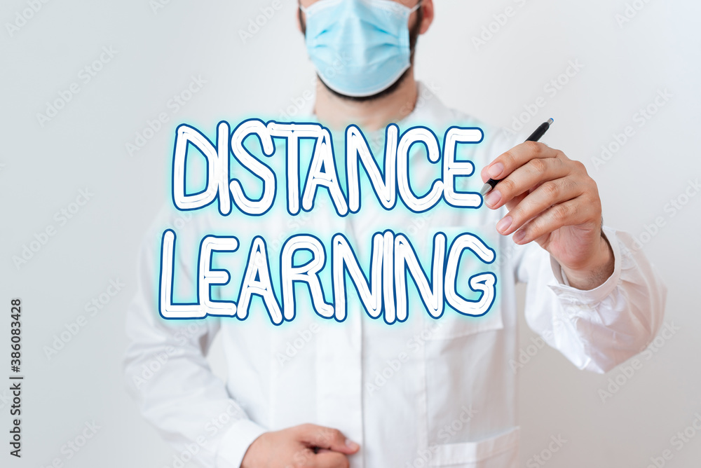 Poster writing note showing distance learning. business concept for educational lectures broadcasted over t